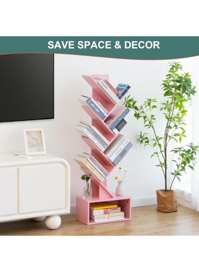 Yoobure Tree Bookshelf - 6 Shelf Retro Floor Standing Bookcase, Tall Wood Book Storage Rack for CDs/Movies/Books, Utility Book Organizer Shelves for Bedroom, Living Room, Home Office Pink - Image 4